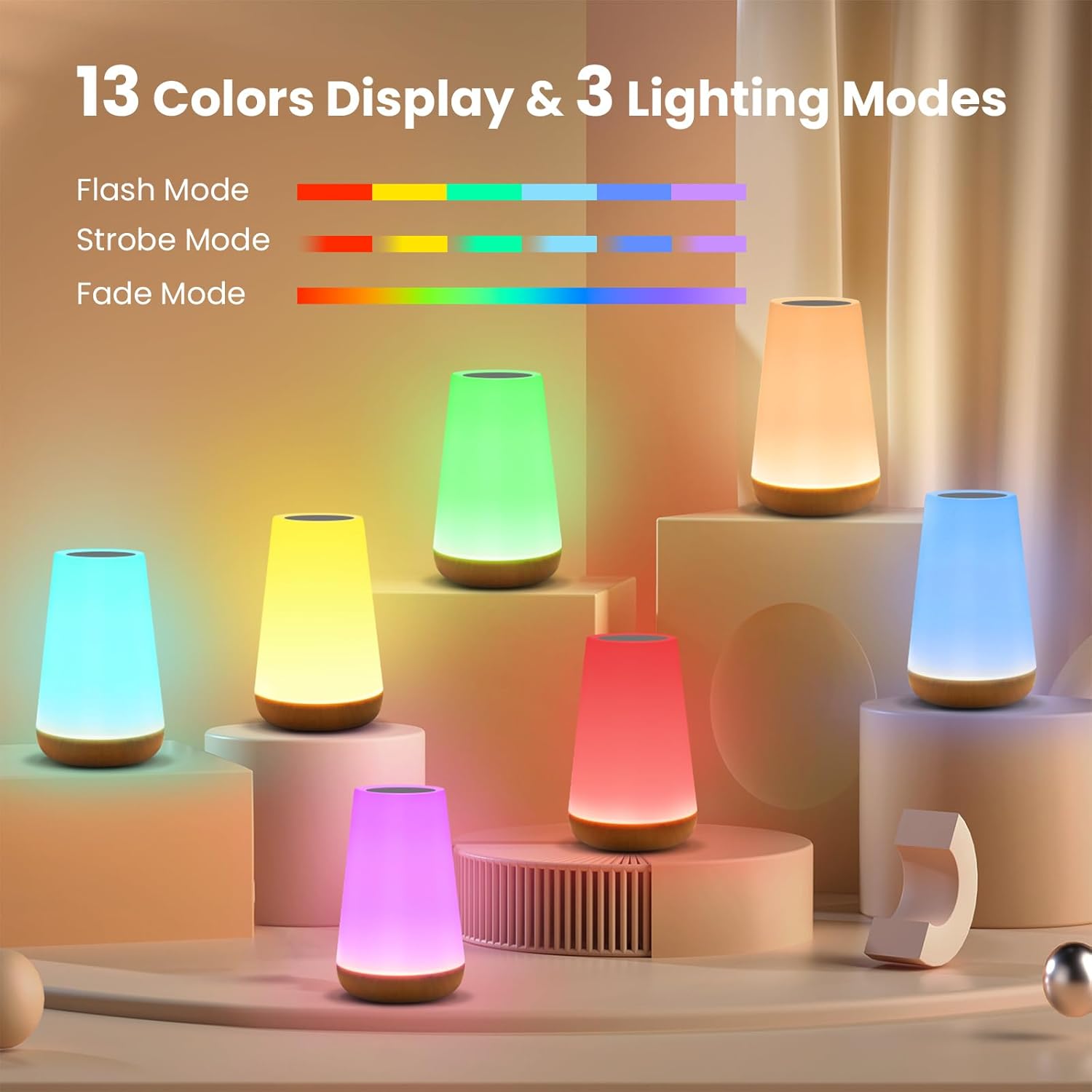 THAUSDAS Night Light, Dimmable Touch Lamp for Bedroom, Portable Table Bedside Lamp, 5 Brightness 13 RGB Colors, Night Lights for Baby Nursery Bathroom - Image 3